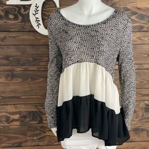 Entro | Tiered Sheer‎ Popcorn Knit Sweater Top Tri Color Tunic Top Flowy Swing
